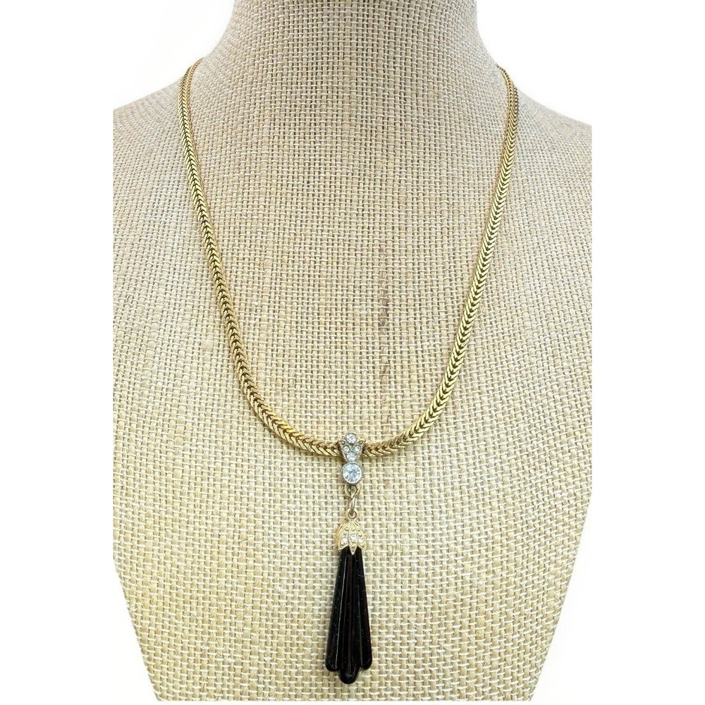 1928 Jewelry Co Gold Tone Rhinestone Black Lucite Tassel Pendant Necklace